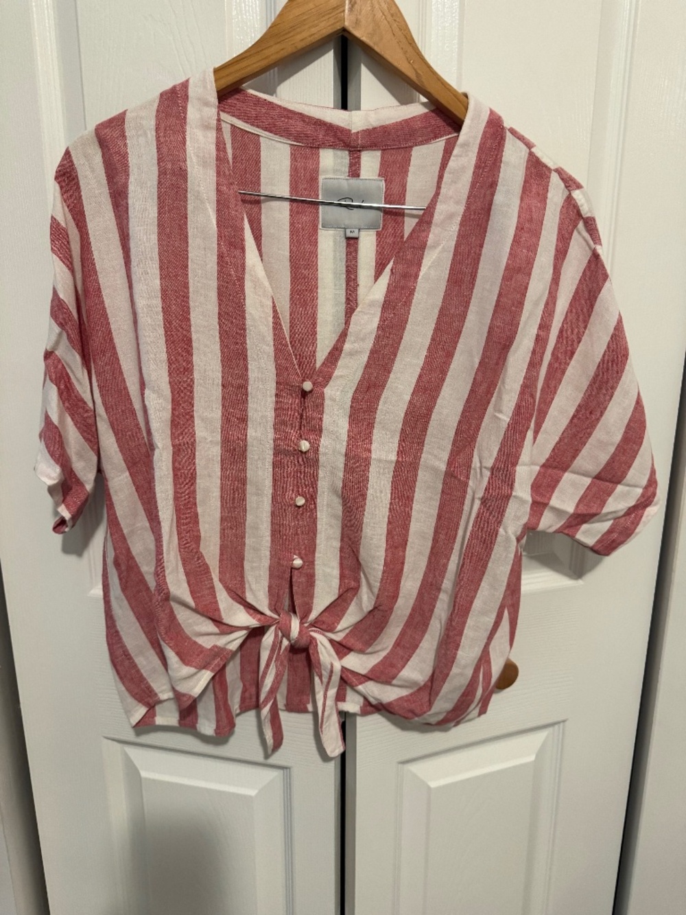 Rails Red White Vertical Striped Short Sleeve Linen Blend Tie Front Top Medium